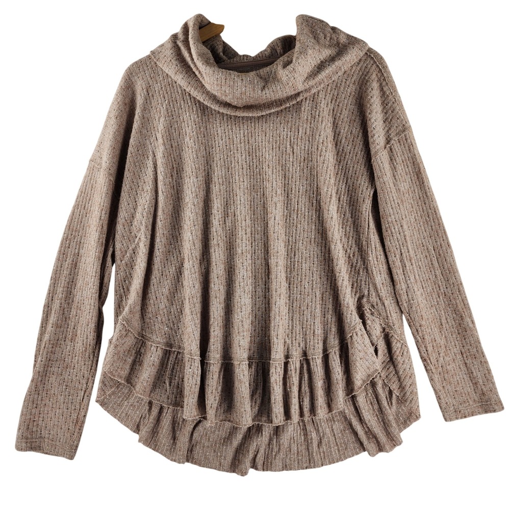 Maeve Anthropologie Cowl Neck Ruffle Hem Sweater Women S Taupe Waffle Knit Boho